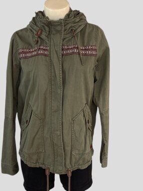 Roxy Olive Green Hooded Utility Jacket with Patterned Chest Trim